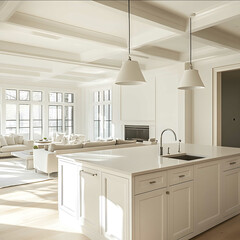Kitchen island with all white living room in background
