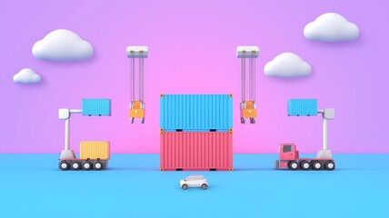 cargo management and shipment concept. Colorful cartoon scene of cranes and containers in a playful, whimsical setting.