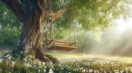 Serene forest with sunlit wooden swing hanging from majestic oak tree