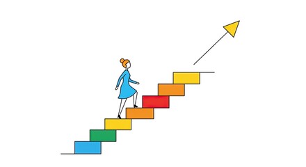 Ascending the Steps of Success Cartoon woman Figure with Growth Symbols - Ideal for Personal Development and Education Content.