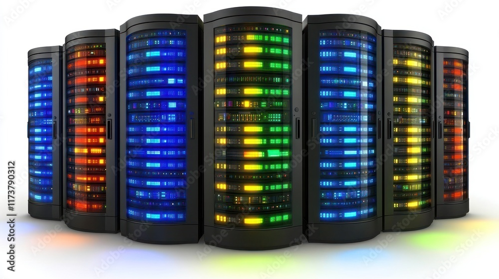 Poster server racks with colorful led lights ideal for data center visualizations or technology presentatio