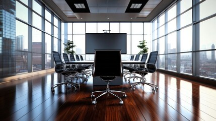 Well-lit conference room with floor-to-ceiling windows, a spacious layout, and an oversized projector screen in front.