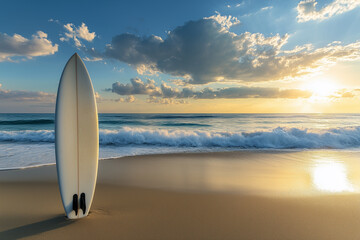 A vibrant surfboard rests on the sandy beach as the stunning sunset paints the sky beautifully. Generative AI