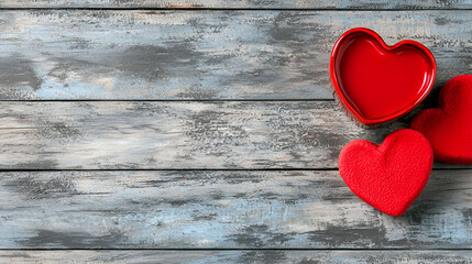 Fototapeta premium Three red heart shapes on a rustic wooden surface, creating a romantic and warm atmosphere perfect for celebrations of love.