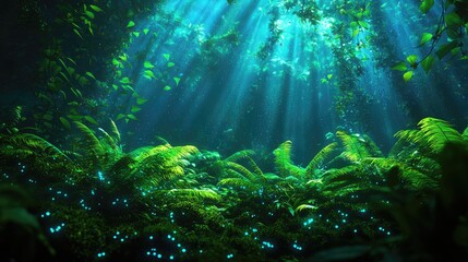 Fototapeta premium Lush Green Forest with Sunlight Rays and Bioluminescent Plants