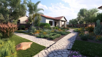 Beautiful Garden Landscape With Meandering Paths, Vibrant Flowers, and Cozy Homes Under a Blue Sky During a Sunny Day