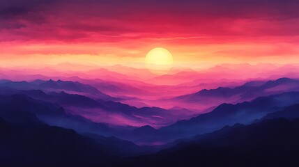 Obraz premium Sunset Overlayered Mountain Ranges Hues Of Purple And Pink
