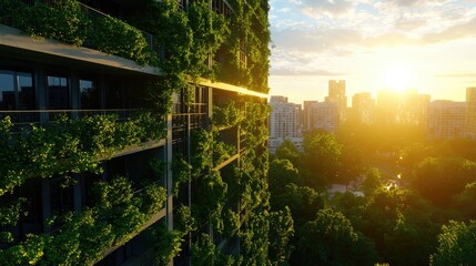 Fototapeta premium Modern Eco-Friendly Building with Green Facade at Sunset