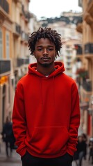 Fototapeta premium Young Man Wearing a Red Hoodie Stands Confidently on a Bustling City Street Surrounded by Buildings and Pedestrians in the Background