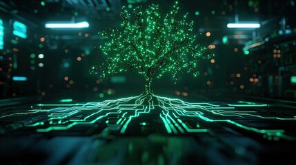 Futuristic Digital Tree with Glowing Circuitry in Cyber Environment
