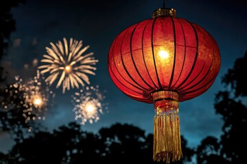 Obraz premium Vibrant red lantern and colorful fireworks in night sky