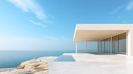Fototapeta premium Minimalist white oceanfront house with infinity pool.