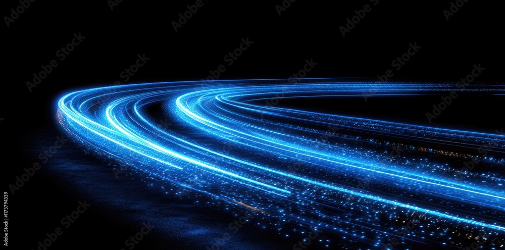 Poster a glowing blue light trail forming an infinity symbol on a black background, symbolizing endless dat