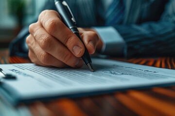 Close-up of a businessman's hand signing a contract with a pen on a desk in an office, focusing on the paper and the ink signature process. Perfect for legal, business, or agreement concepts