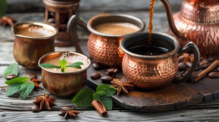 Fototapeta premium Pouring coffee into a copper cup with antique grinder and milk jug on rustic wooden table