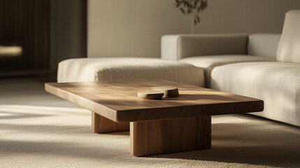 interior featuring a minimal living room with a wooden table.