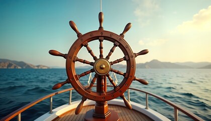 Wooden ship wheel on boat deck. Vast ocean and sky background. A symbol of travel and exploration. Sunny day. Beautiful ocean scenery. Captain controls boat. Vacation or holiday concept.