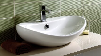 Fototapeta premium Modern white ceramic bathroom sink with chrome faucet on light beige countertop against green tile backsplash.