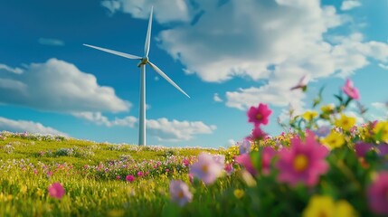 Bright Landscape with Wind Turbine and Colorful Wildflowers Under Sky