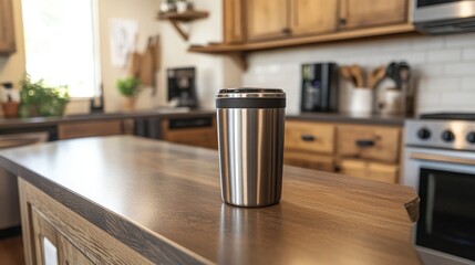 Stainless steel travel mug on kitchen counter. (1)