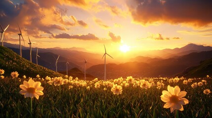 Beautiful Sunset Landscape with Wind Turbines and Flower Field