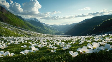 Scenic View of Flowering Meadow Under Bright Blue Sky and Mountains