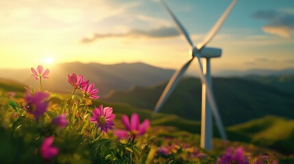 Scenic Landscape with Wind Turbine and Wildflowers at Sunset