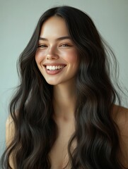Naklejka premium Natural Beauty Shines Through With Long, Wavy Dark Hair and a Bright Smile Against a Soft Pastel Background