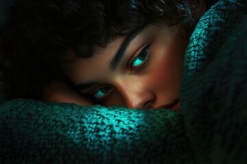 Young hispanic female relaxing with intense gaze in cozy knit blanket