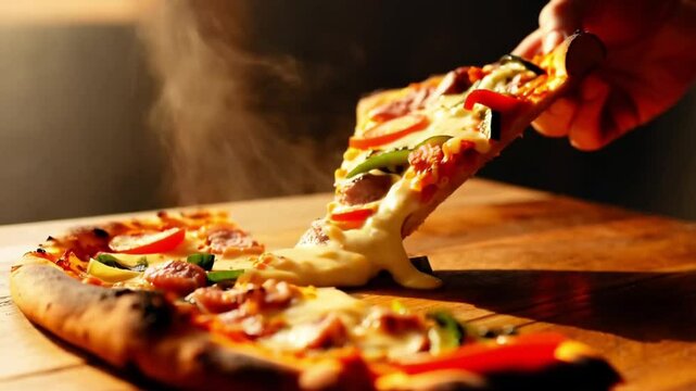 Savory melted cheese slice lift from freshly baked pizza on rustic wooden table