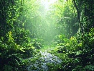 Obraz premium Exploring enchanted jungle trails lush green landscape nature serene environment hyperrealistic viewpoint