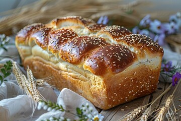 A Freshly Baked Loaf of Bread at Lammas: Cooling on a Wooden Table with Grain Stalks and Wildflowers