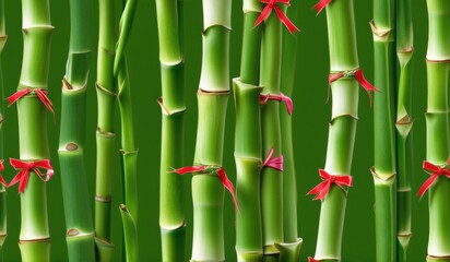 Obraz premium A dense grove of tall, slender bamboo stalks bathed in warm sunlight, creating a serene and tranquil scene.