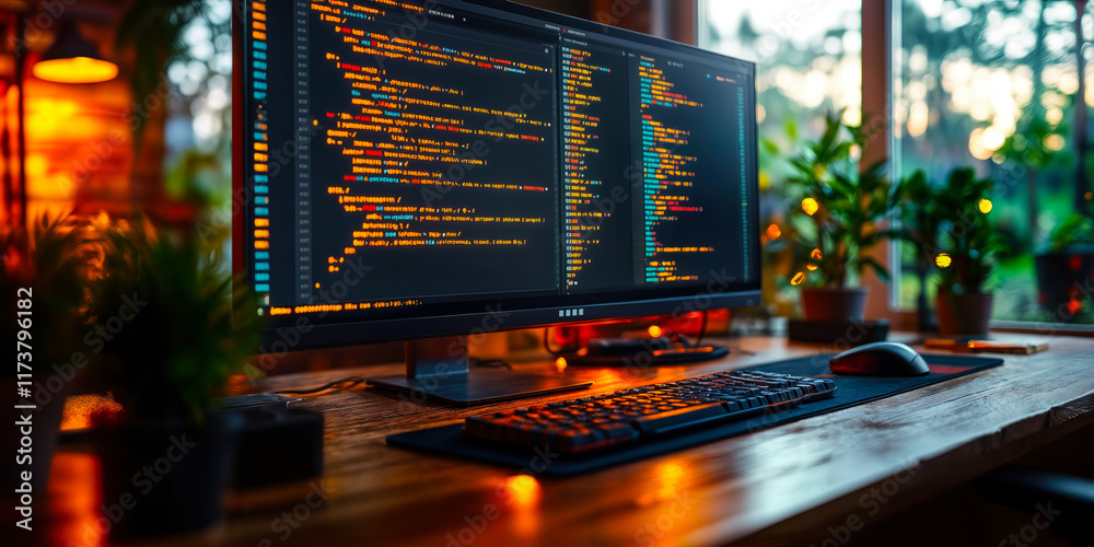 Poster modern software development workspace with code on screen for efficiency and analysis