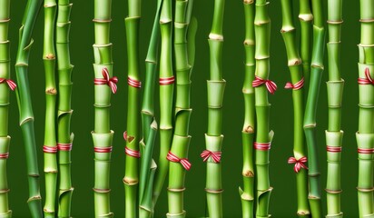Obraz premium A dense grove of tall, slender bamboo stalks bathed in warm sunlight, creating a serene and tranquil scene.