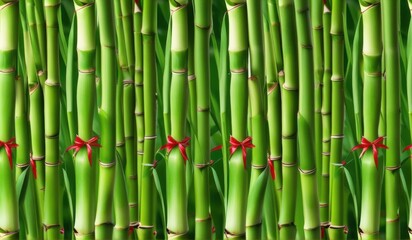 Obraz premium A dense grove of tall, slender bamboo stalks bathed in warm sunlight, creating a serene and tranquil scene.