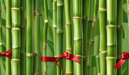 Fototapeta premium A dense grove of tall, slender bamboo stalks bathed in warm sunlight, creating a serene and tranquil scene.