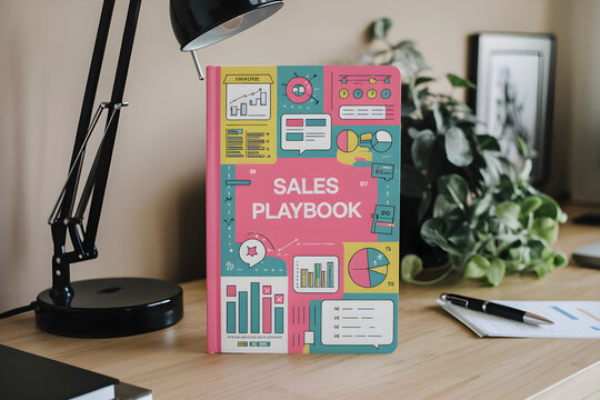 Sales playbook standing on wooden desk with desk lamp and plant