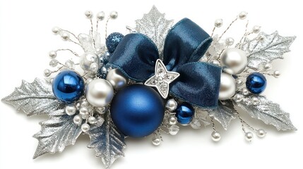 Elegant blue and silver Christmas decoration with bow, baubles, and holly leaves on white background.