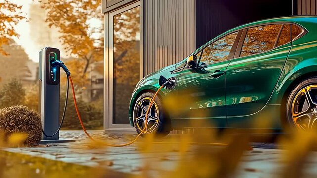 A modern green electric car is plugged into a home charger, surrounded by vibrant autumn foliage. The scene is tranquil, reflecting a sustainable lifestyle in a residential area.
