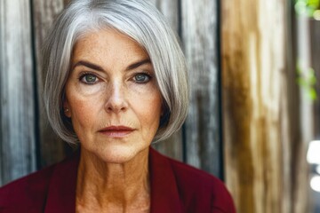 Elderly caucasian female with short gray hair in red blouse against wooden background