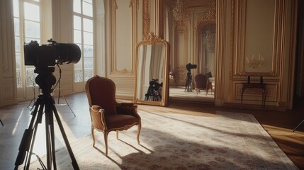 Sunlit vintage chair in ornate room, camera equipment setup for photoshoot.