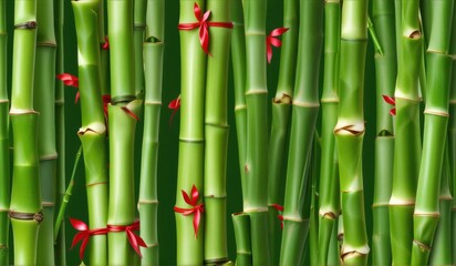 Fototapeta premium A dense grove of tall, slender bamboo stalks bathed in warm sunlight, creating a serene and tranquil scene.