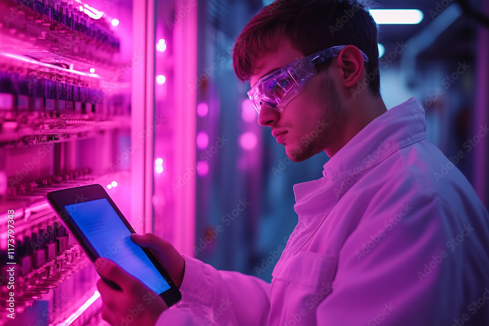 Poster engineer examines robotics component with tablet in vibrant lab environment