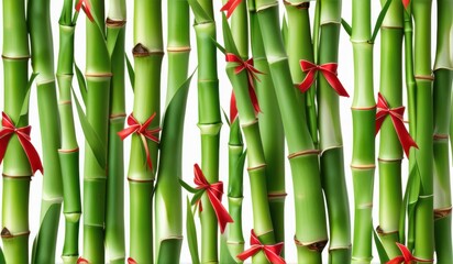 Obraz premium A dense grove of tall, slender bamboo stalks bathed in warm sunlight, creating a serene and tranquil scene.