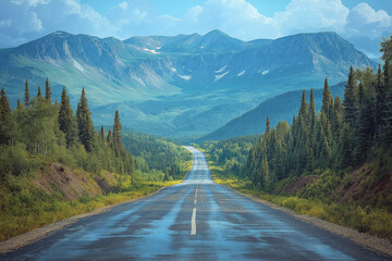 Fototapeta premium Photo réaliste professionnelle d’une route courbée traversant un paysage vallonné avec brouillard et lumière du soleil