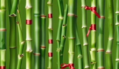 Obraz premium A dense grove of tall, slender bamboo stalks bathed in warm sunlight, creating a serene and tranquil scene.