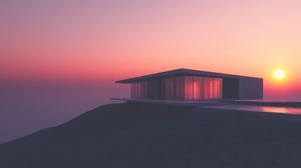 Fototapeta premium Modern House on Hilltop at Sunset
