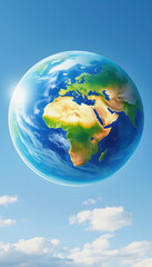 Naklejka premium International Day for the Preservation of the Ozone Layer. World Ozone Day. Ozone layer protection. Crystal ball hyper-realistic earth on blue sky background, watercolor, with white tones