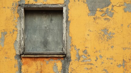 Old window frame in weathered yellow wall.